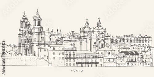 Detailed sketch of the Cl rigos Church and buildings in Porto Portugal