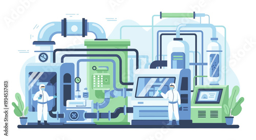 Modern Cleanroom Facility: Scientists in Protective Suits Operating Advanced Biotechnology & Pharmaceutical Manufacturing Equipment Flat Illustration