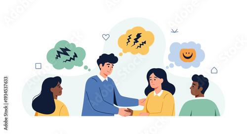 Empathy & Support: Man Comforting Upset Woman, Group Dynamics with Diverse Emotions, Mental Health, & Conflict Resolution.