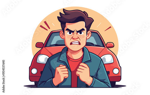 macchina automobile rotta con uomo arrabbiato per incidente  vettoriale