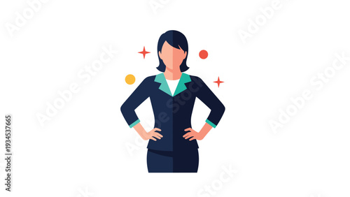 Portrait of a successful businesswoman in a professional navy suit and green collar standing confidently against a white background.