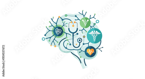 Integrated Brain Health & Medical Network Illustration with Stethoscope, Caduceus, and ECG Icons