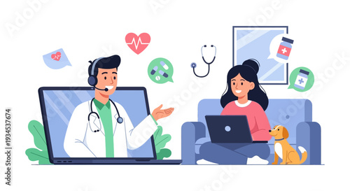Telemedicine Doctor Online Consulting Patient at Home. Virtual Healthcare, Remote Medical Consultation & Digital Prescription.