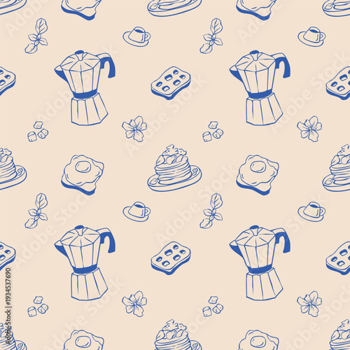 Seamless pattern with coffee, waffles and egg. Outline print of breackfast sketches