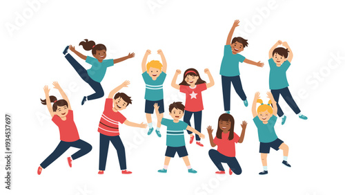 Diverse group of happy children in colorful activewear performing various physical exercises and stretching routines on a white background.