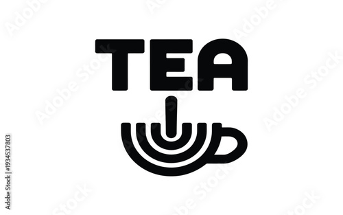 Stylized black text tea above a minimalist cup icon with radiating lines, representing hot beverage