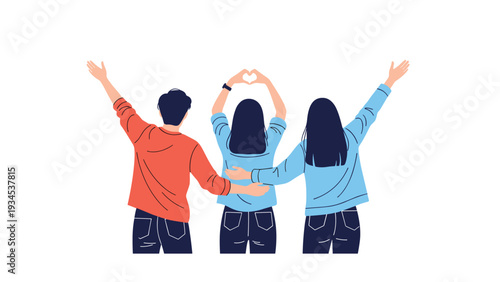 Group of three close friends stands together from a back view while expressing their bond through hugs and a heart hand gesture.