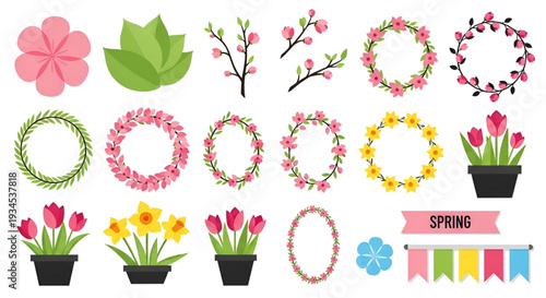 Vibrant spring flowers in pots and decorative floral wreaths