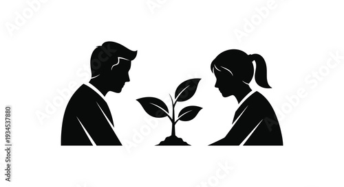 A couple gently nurturing a small plant symbolizing growth and new beginnings depicted in stark silhouette high quality