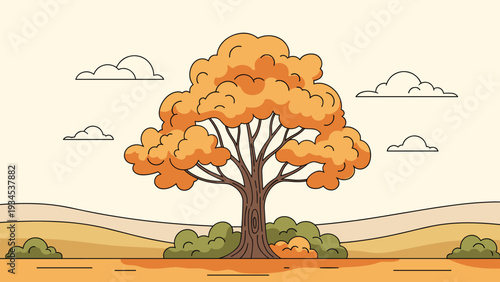 Majestic autumn tree with a full canopy of orange leaves stands in a peaceful landscape under a soft sky with floating white clouds.