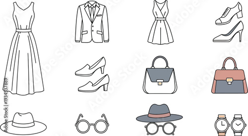 Collection of fashionable clothing and accessories for women in various styles