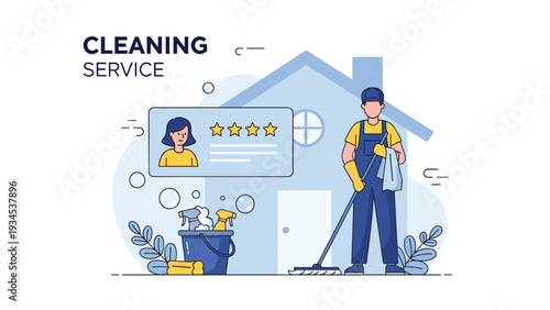 Professional cleaning service features a uniformed worker mopping the floor in front of a house while a five-star customer review is displayed.