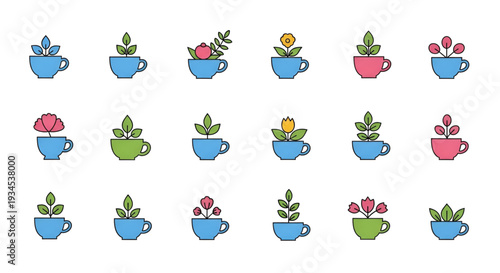 Collection of plant sprouts in colorful cups, small minimalist illustrations