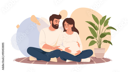 Loving couple sits together on a rug while the father-to-be gently touches his pregnant partner's belly in anticipation of their new arrival.