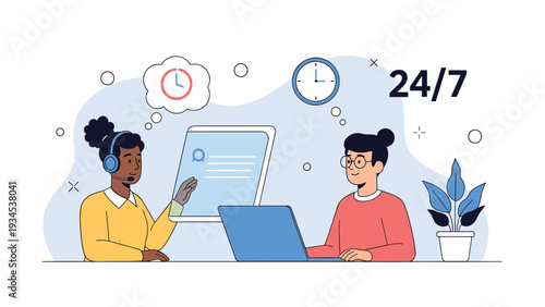 Customer support team provides twenty-four seven assistance through digital platforms, managing calls and online queries around the clock.