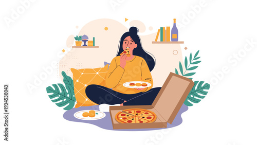 Young woman enjoys a relaxing night in by eating a hot pizza from the delivery box while sitting comfortably on her living room floor.