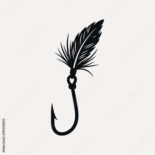 Black silhouette of a fishing hook adorned with a detailed feather and tied with a knot against a light background