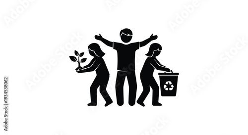 A family embracing environmental responsibility with a plant recycling bin and open arms a striking silhouette high quality