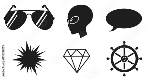 Set of various black and white icons, including sunglasses, alien, and more