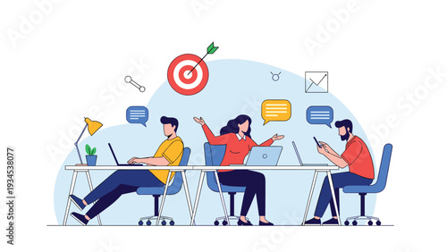 Motivated team of office workers sitting at their desks while using laptops with a target and arrow representing business goals and success.