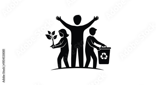 A group of people tending to a plant and recycling symbolizing environmental care and sustainability silhouette high quality