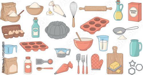 Baking Tools and Ingredients Collection with Flour Eggs Whisk Rolling Pin Oven Mitt and Measuring Cups Vector Illustration