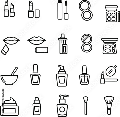 Cosmetic and beauty products line icon set for makeup and skincare