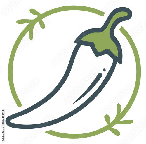Green chili pepper icon with leaves and circle food symbol