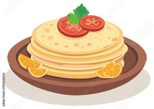 Delicious Stack of Pancakes Topped with Tomatoes and Fresh Greens Garnished with Orange Slices