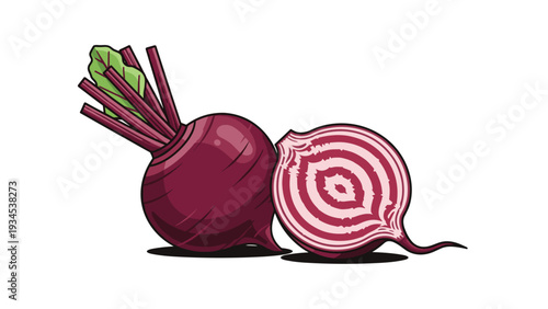 Fresh organic red beetroot with one whole root and a sliced half showing its unique inner rings and vibrant green leaves on top.