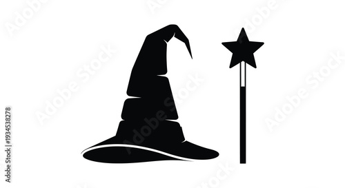 A stark black silhouette depicts a classic witch s hat and a five pointed star with a wand silhouette