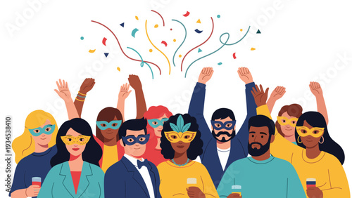 Lively group of diverse friends celebrating at a masquerade party with colorful masks confetti and beverages for a festive carnival theme.