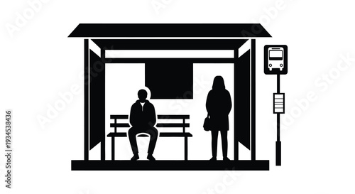 A simple black and white illustration depicts people waiting at a bus stop with a passing vehicle silhouette