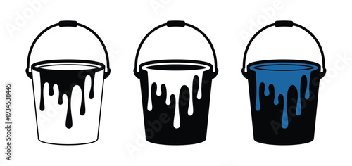 Paint bucket featuring outline, filled and blue liquid versions for renovation, painting, home improvement, DIY projects, and professional interior design applications.