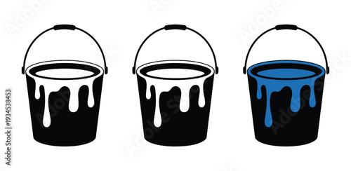 Paint bucket with outline, filled and blue liquid variations for renovation, painting tools, home improvement, interior design, and professional creative and construction projects