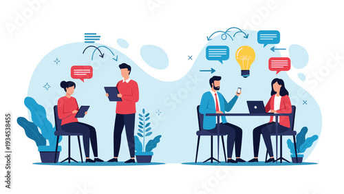 Dynamic office environment where colleagues work on laptops and brainstorm innovative ideas symbolized by a bright yellow light bulb.