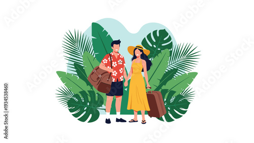 Joyful couple dressed in summer attire standing with suitcases and travel bags amidst tropical greenery for a planned holiday getaway.