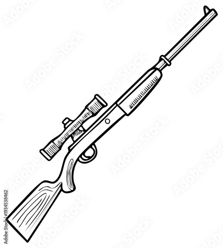 Detailed drawing of a rifle with a scope, perfect for hunting or shooting sports.