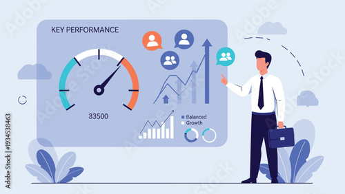 Businessman pointing to a key performance dashboard featuring a large speedometer and rising growth charts for effective data analysis.