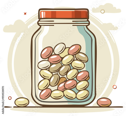 A colorful candy jar illustration featuring many small candies, with a simple cartoon style with soft pastel colors.