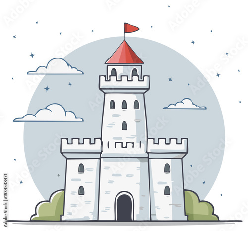 Fantasy Medieval Castle Tower with Red Flag and Clouds, Storybook Illustration Style