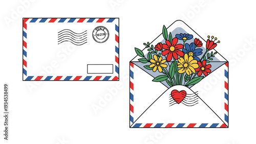 Beautiful stationary set featuring a closed mail envelope and an open one filled with a vibrant bouquet of flowers for a special message.