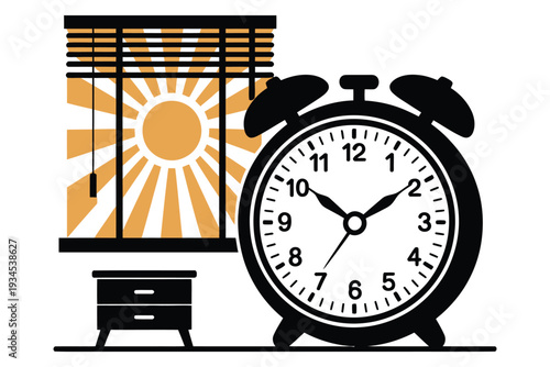 Alarm clock on nightstand next to window with sun rays shining through blinds in morning illustration