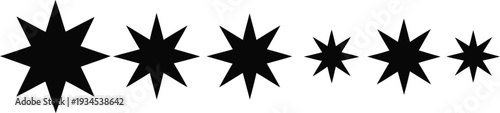 A sequence of five progressively smaller starburst icons aligned horizontally Vector