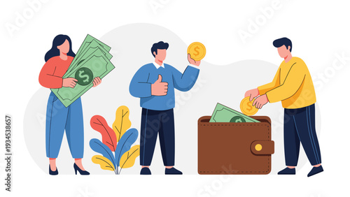 Diverse group of people managing finances together by putting coins and paper money into a large brown wallet.