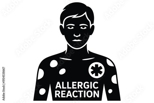 Allergic reaction on skin, black and white icon of person with rash and medical symbol for health issues