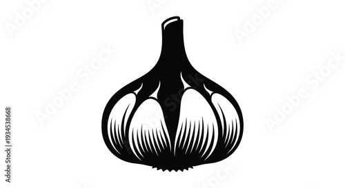 A striking black silhouette depicts a whole bulb of garlic showcasing its unique form and structure silhouette