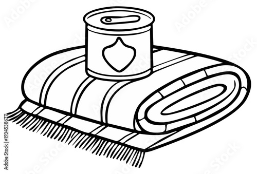 Can of food on a striped blanket outline illustration