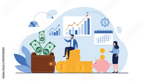Business professionals analyzing financial data and growth trends with large wallet, coin stacks, and a cute piggy bank.