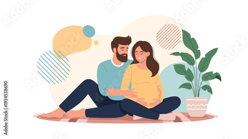 Loving couple sitting together while the father gently embraces his pregnant wife and touches her belly in a cozy home.